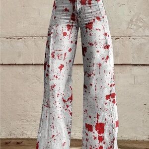 White and Red Splatter Wide-Leg Pants